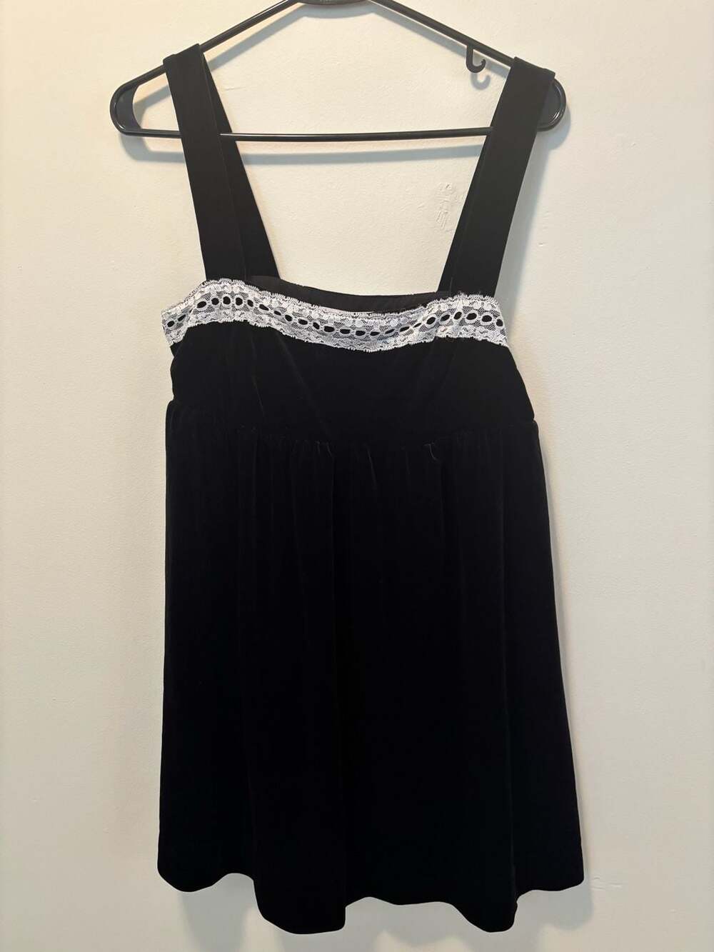 Altar'd State Black Velvet Babydoll Mini Dress with Lace Trim